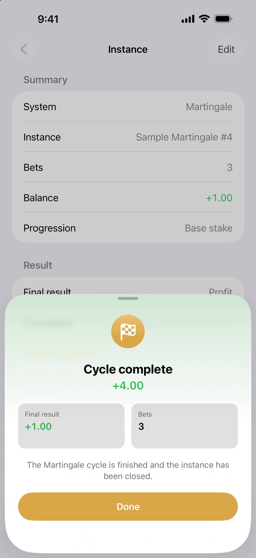Cycle complete sheet with the final result