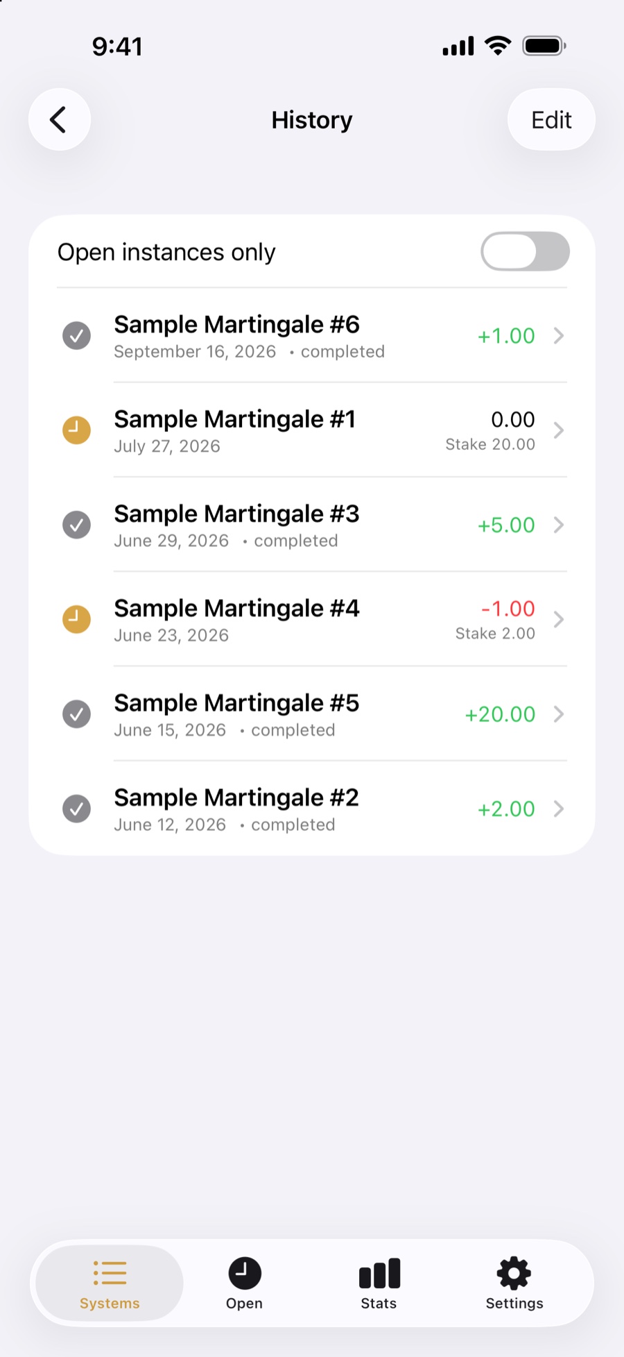 History of instances with open and completed status icons