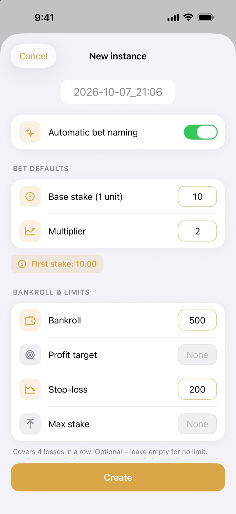 New instance form with base stake, multiplier, bankroll and stop-loss
