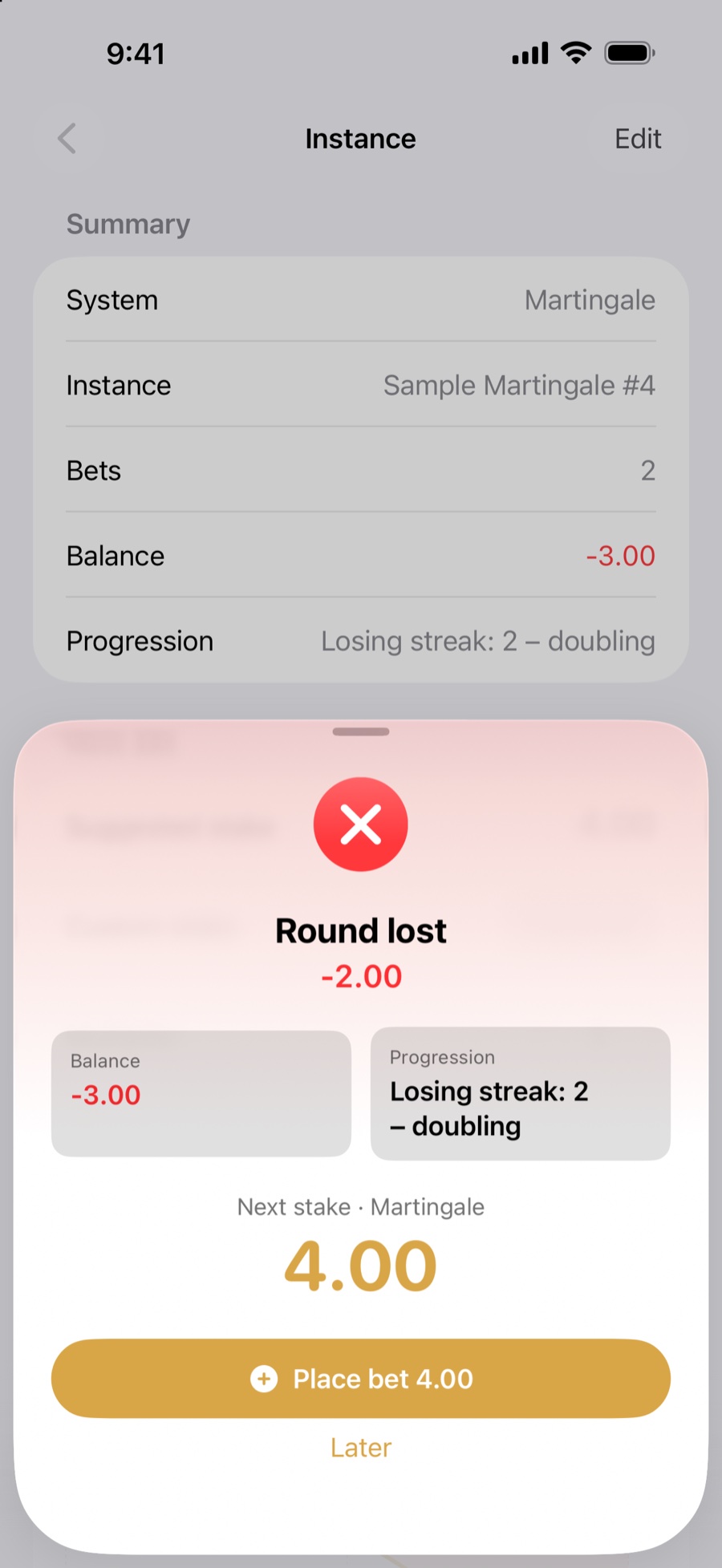 Round lost sheet with balance, progression and next stake