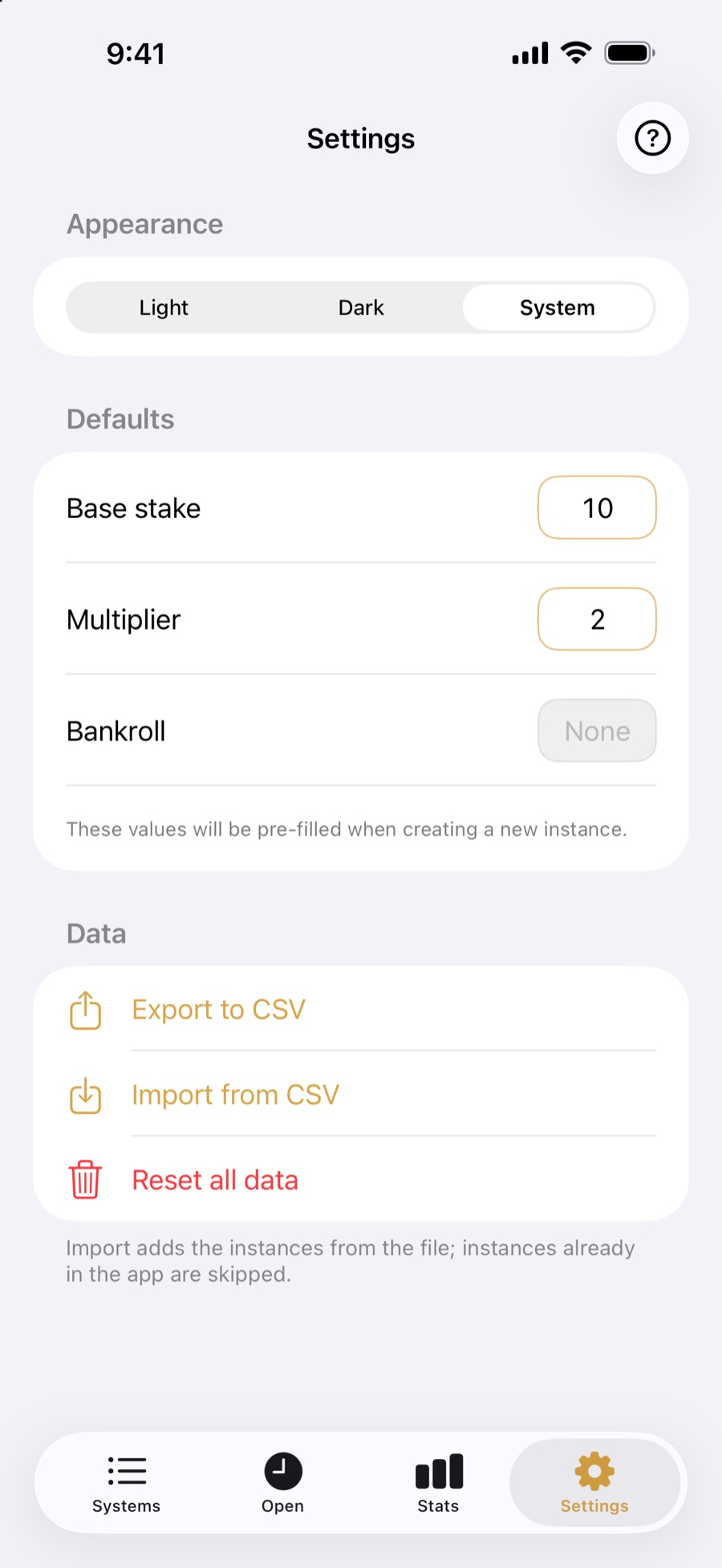 Settings with theme, default stake, multiplier, bankroll and CSV export / import